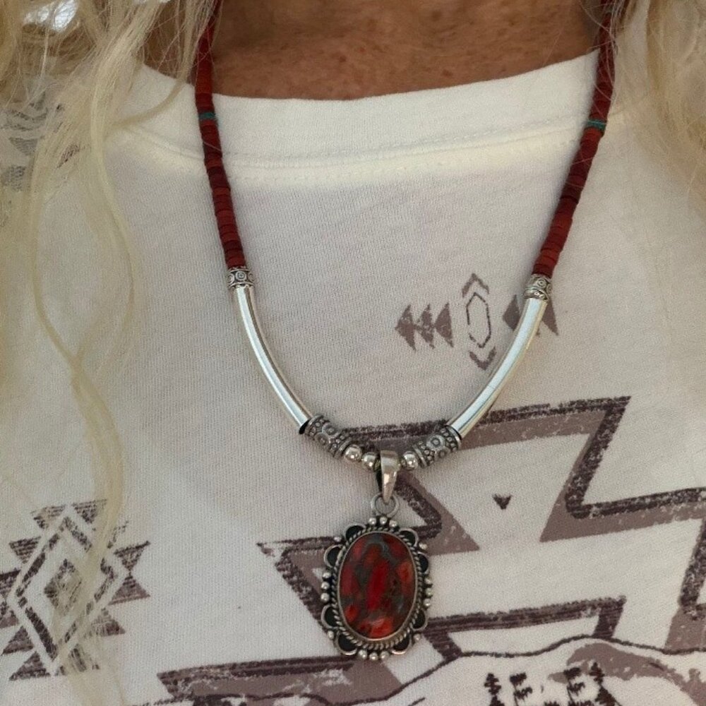 Beautiful Necklace of Red Turquoise Beads & Pendant w/ Turquoise Accent Beads
